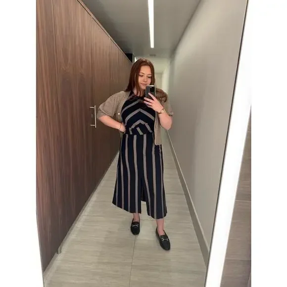 TANYA TAYLOR Dark Navy Blue Pinstripe A-Line Sleeveless Midi Dress Size Large - Picture 4 of 14